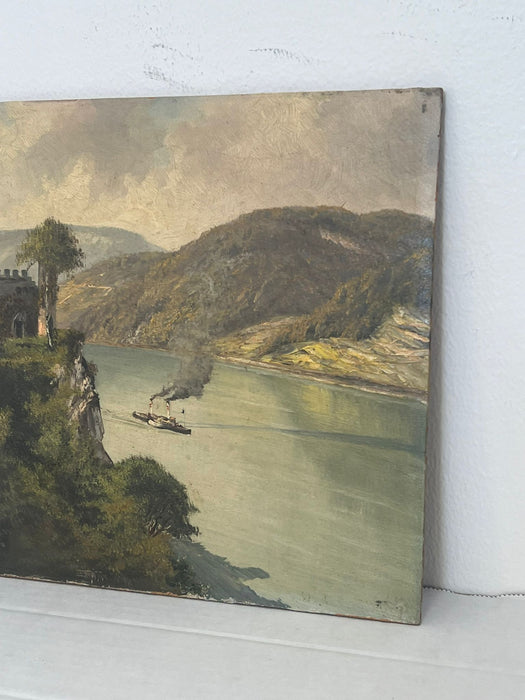 Vintage signed Scenic painting of a castle on the water.