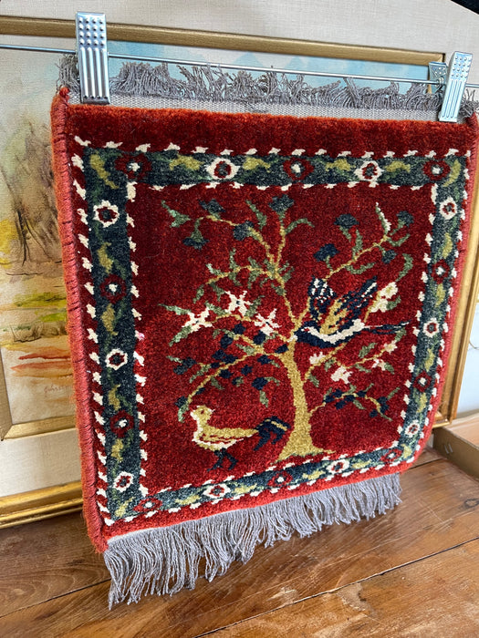 Vintage Handwoven Small Rug with Birds and Tree Motif, Folk Art Accent Mat.