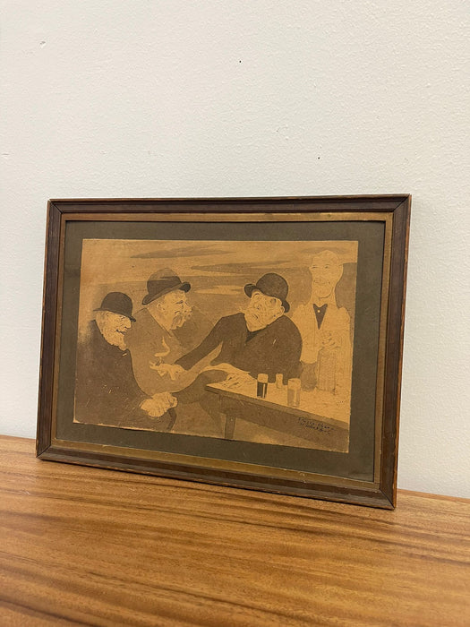 Vintage Framed and Signed Original Artwork of Men Sitting at a Table