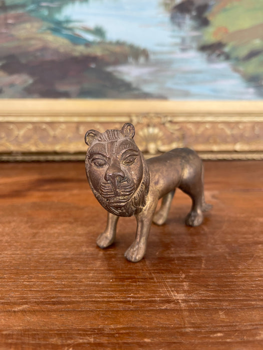 Likely Antique Possibly Hand-Cast Bronze Toned Lion Figurine with Folk Art Styling