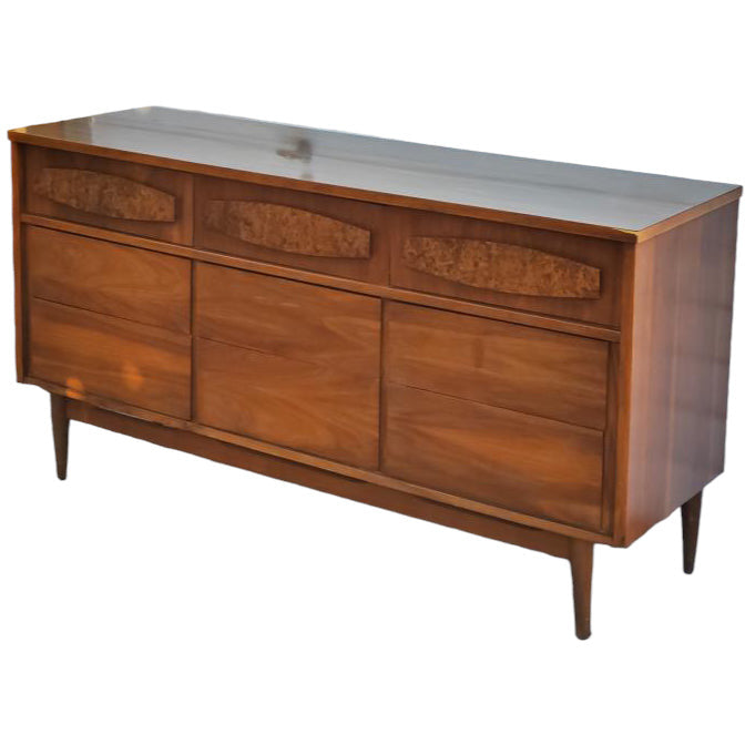 Vintage Mid Century Modern Dresser with Burl-wood Accents Dovetailed Drawers (Available for Online Purchase Only)
