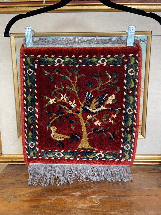 Vintage Handwoven Small Rug with Birds and Tree Motif, Folk Art Accent Mat.