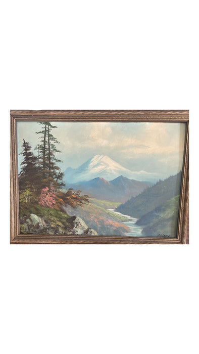 Vintage DELANE Signed mid Century modern style mountain painting on board.