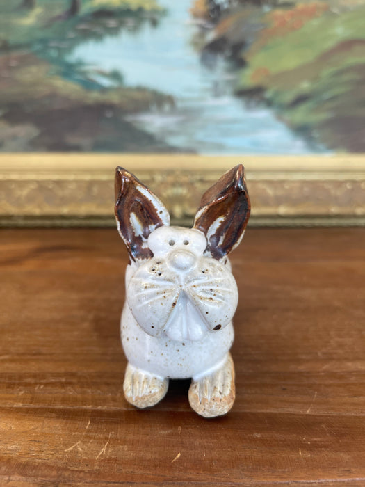 Handmade Studio Pottery Bunny Card Holder with Brown Glaze Accents.
