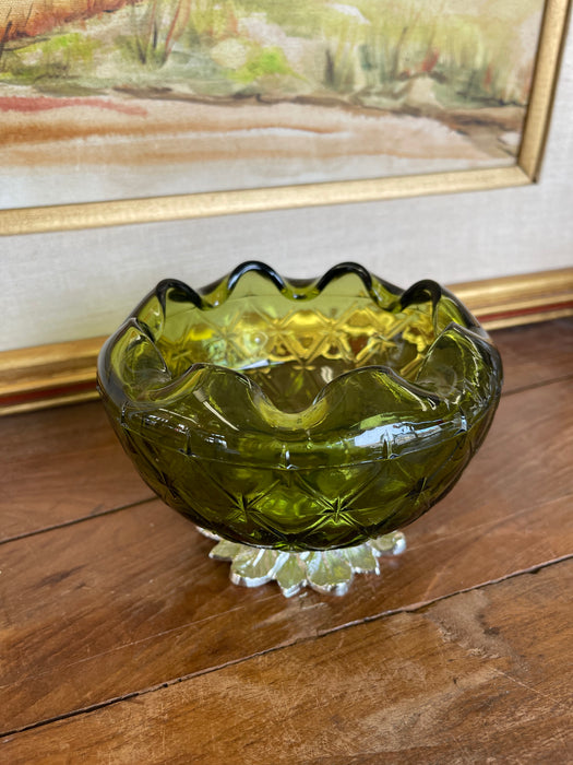 Vintage Green Pressed Glass Bowl with Scalloped Rim and Silver-Toned Floral base.
