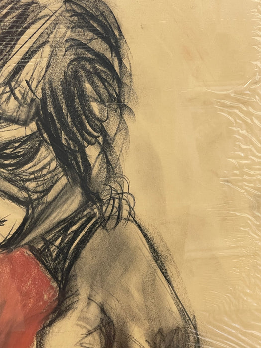 Vintage Charcoal Portrait Drawing of a Woman on Paper, Modern Figurative Artwork