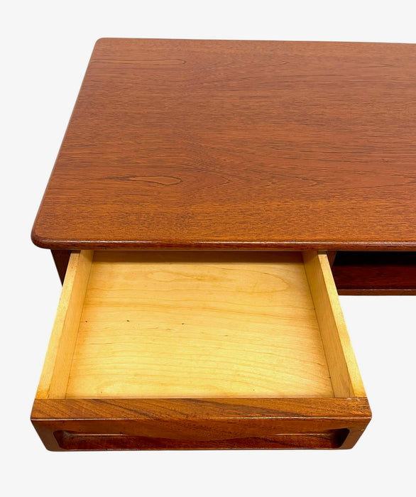 Vintage Mid Century Modern Danish Style Coffee Table with Sculpted Drawer Pulls and Open Shelf Storage