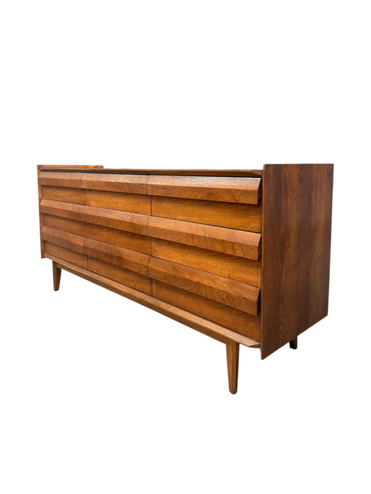 Vintage Mid Century Modern Solid Walnut 9 Drawer Dresser by Lane First Edition