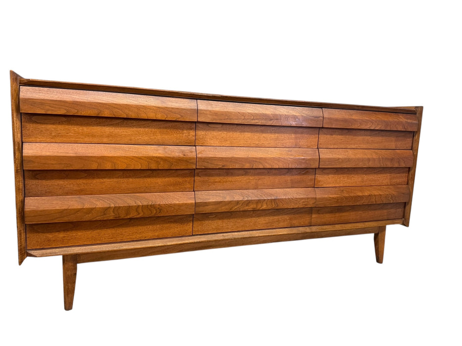Vintage Mid Century Modern Solid Walnut 9 Drawer Dresser by Lane First Edition
