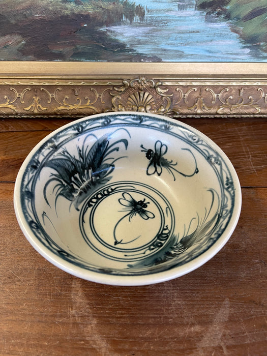 Vintage Bat Trang Vietnamese Ceramic Bowl with Hand-Painted Dragonfly Motif