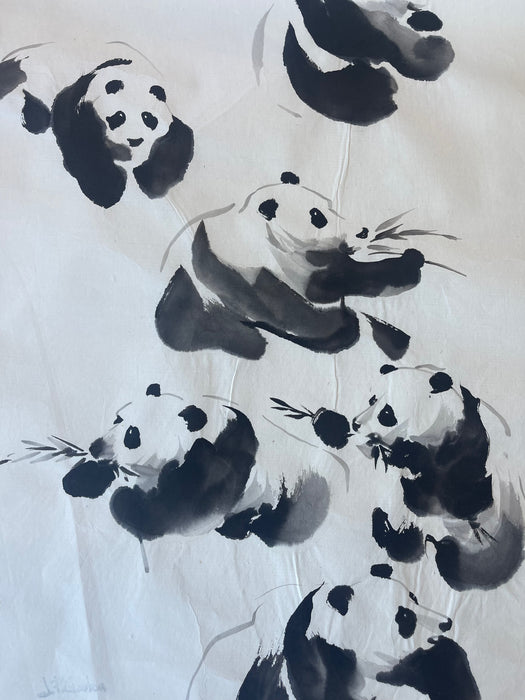 Vintage Chinese-Style ink Painting of Pandas on Rice Paper, Signed J.R Gaston