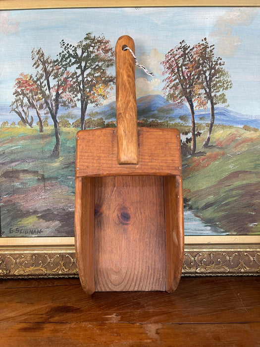 Vintage Hand-Carved Solid Wood Grain Scoop with Sculpted Handle and Maker's Mark