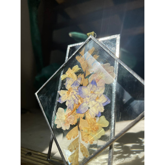 Vintage Blue and Yellow Pressed Flowers in Glass Ornament Art Decor