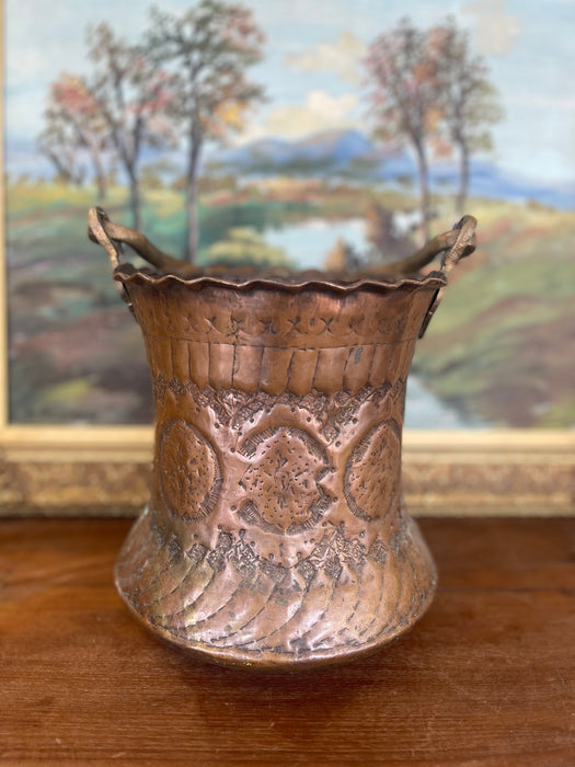 Possibly 19th Century Hand-Hammered Copper and Brass Toned Ash Bucket with Repoussé and Pierced Decoration.