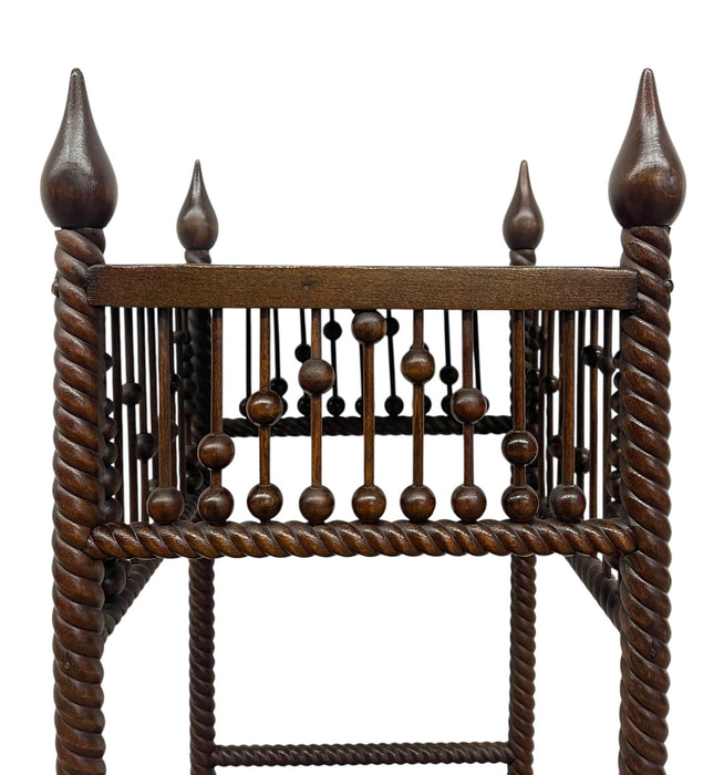 Vintage Barley Twist Wood Plant Stand / Side Table with Turned Spindle Gallery and Finials