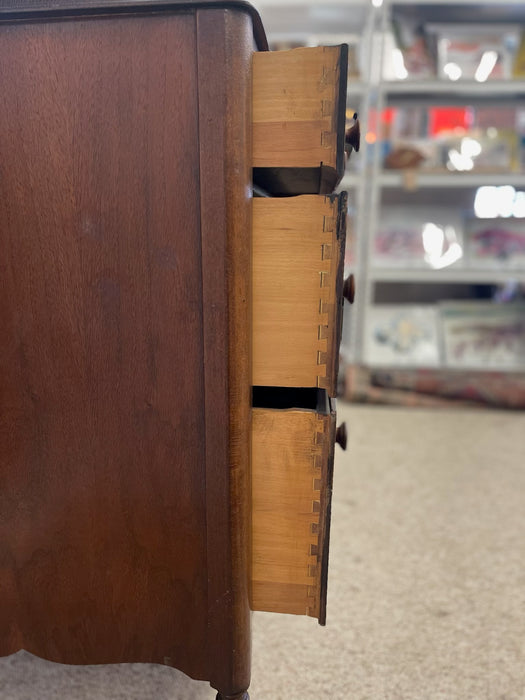 Possibly Early 19th Century Likely Mahogany Chest of Drawers with Dovetailed Drawers, Burl accents, Wood Inlay, and Turned Knobs, Stamped