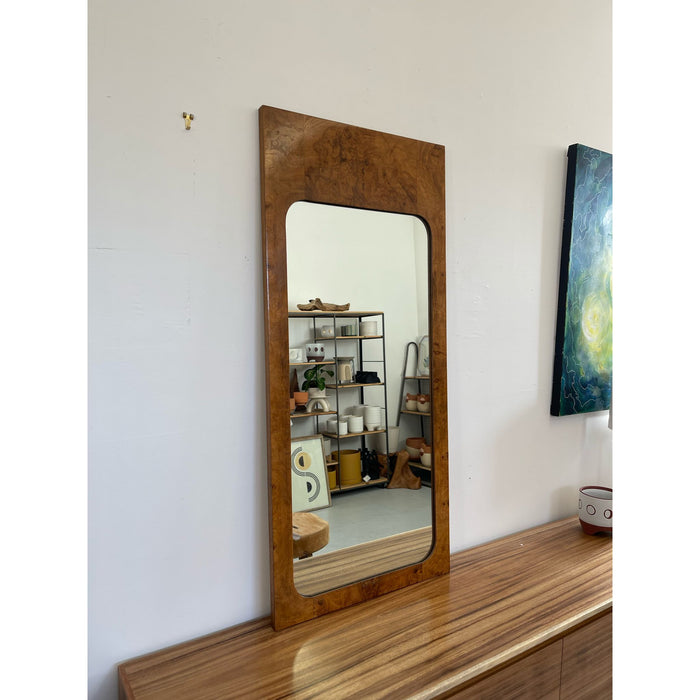 Vintage Milo Baughman Style Burl Wood Framed Wall Mirror by Lane.
