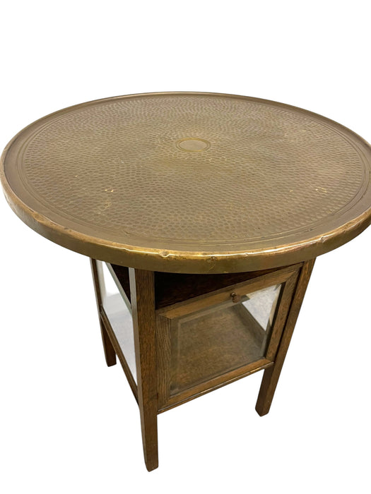 Vintage Arts & Crafts Side Table with Hammered Brass Tray Top and Glass Display Cabinet