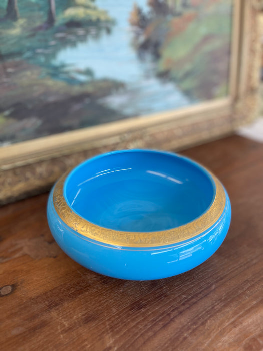 Likely Antique 19th Century French Blue Opaline Glass Bowl with Intricate Gilded Fruit and Vine Border
