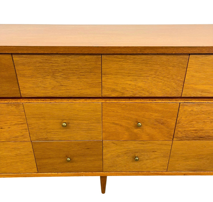Vintage Mid Century Modern Credenza Dresser with 12 Drawers, Tapered Legs and Brass-Toned Hardware