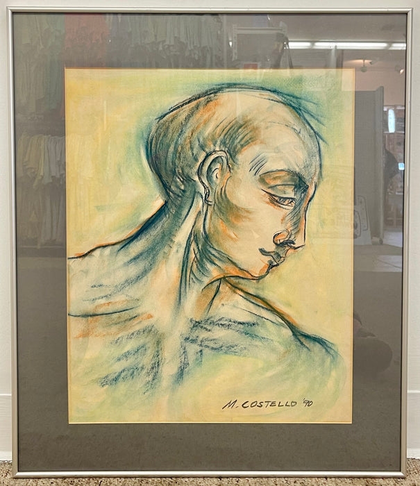 Vintage Mid Century Modern '90 Pastel Portrait Drawing Signed M. Costello, Framed Original Artwork