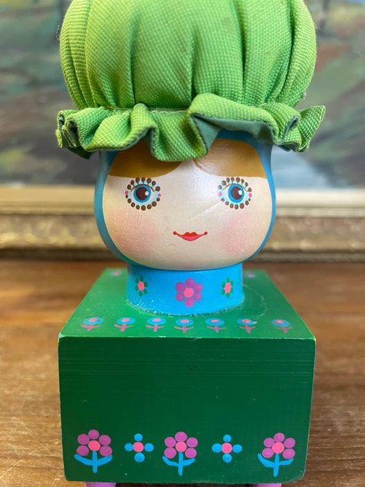 Vintage Hand-Painted Folk Art Doll Figurine on Wooden Block Base with Fabric Bonnet, Signed Mary Maki Rae
