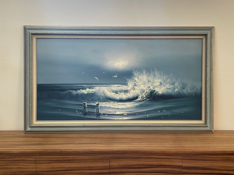 Vintage Signed and Framed Original Painting of Seascape With Waves on Canvas