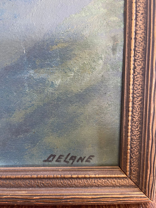 Vintage DELANE Signed mid Century modern style mountain painting on board.