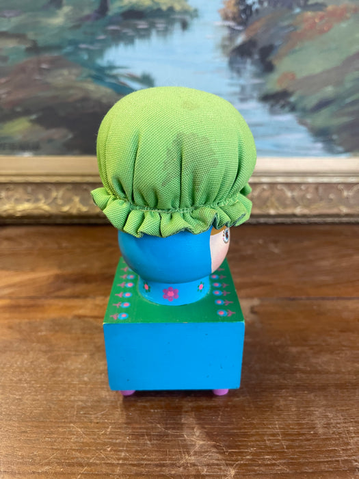 Vintage Hand-Painted Folk Art Doll Figurine on Wooden Block Base with Fabric Bonnet, Signed Mary Maki Rae