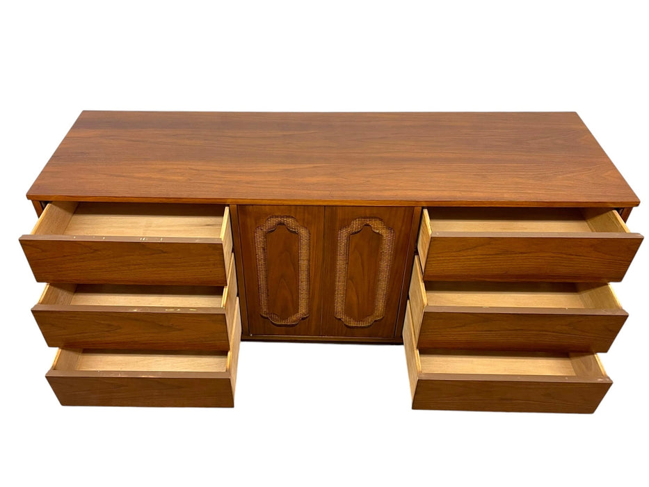 Vintage Mid Century Modern Walnut Toned Credenza with Cane Door Front and Dovetailed Drawers