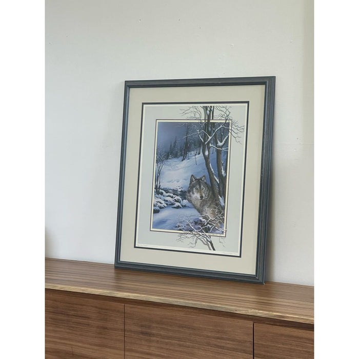 Vintage Original Framed and Signed Art Print Titled “ Wolf Lone Watcher “