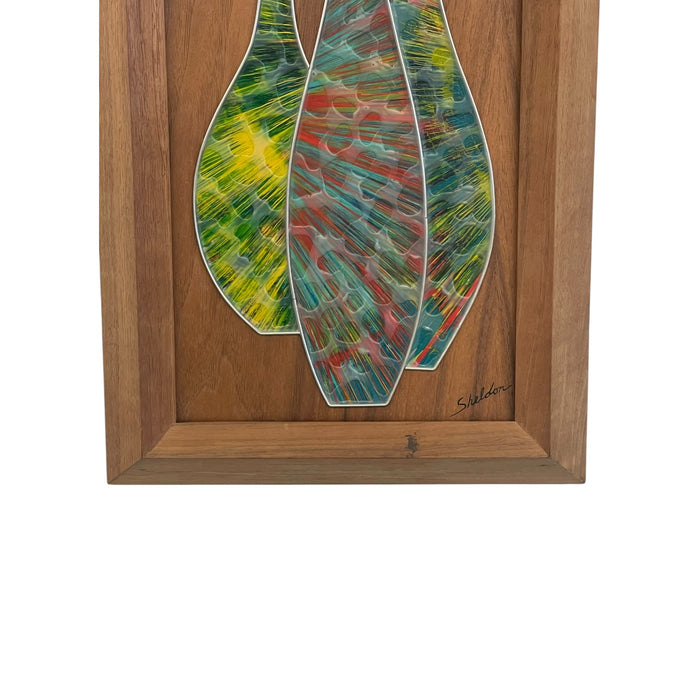 Vintage Mid-Century Modern Abstract Mixed Media Wall Art by Sheldon in Walnut Toned Frame