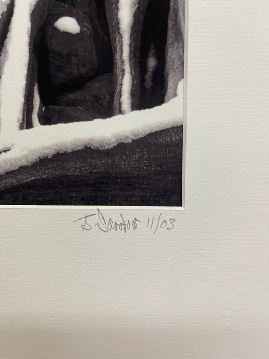 Signed Black and White Photograph "Howling Wolfe" Snow Tree Stump Illusion,
North Bend WA, Dated 2003.