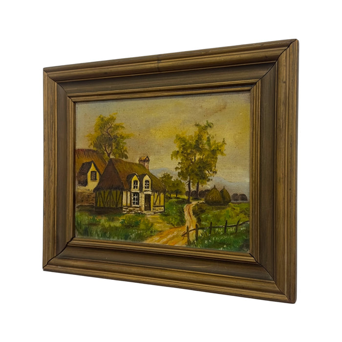Vintage Unsigned Cottage Landscape Oil Painting – Framed European Countryside Scene