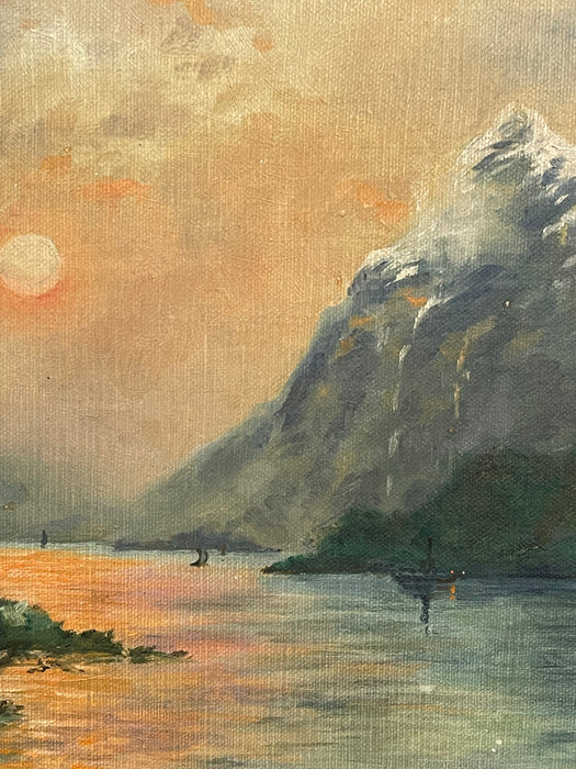 Vintage Framed Mountain Landscape Painting, Snow-Capped Peaks at Sunset, Mid-Century Scenic Wall Art.