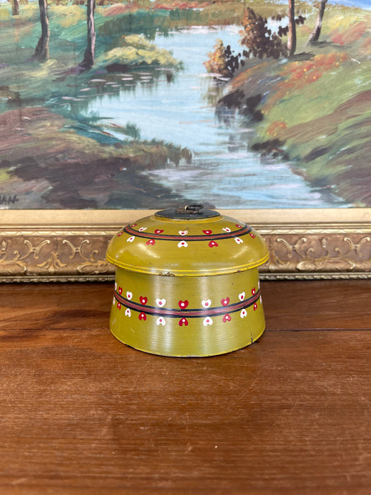 Vintage Hand-Painted Lacquered Wood Lidded Box with Heart Motif
