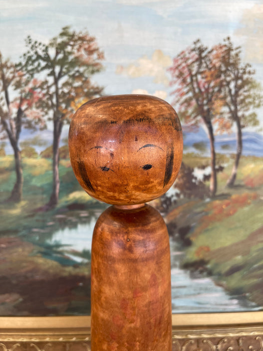 Vintage Japanese Kokeshi Doll with Hand-Painted Floral Detail and Carved Wood Base