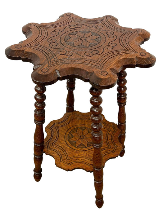 Vintage Carved Occasional Table with Barley Twist Legs and Inlaid Geometric Top & Shelf