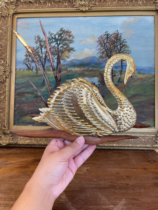 Vintage Swan Wall Sculpture with wood Backing, Mid-Century Modern style