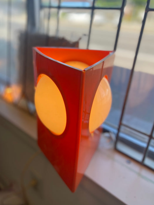 1970s Space Age Triangular Table Lamp in Orange Plastic with White Glass Domes.