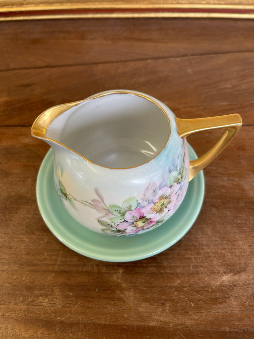 Vintage Hand-Painted Floral Creamer and Saucer Set with Gold Trim