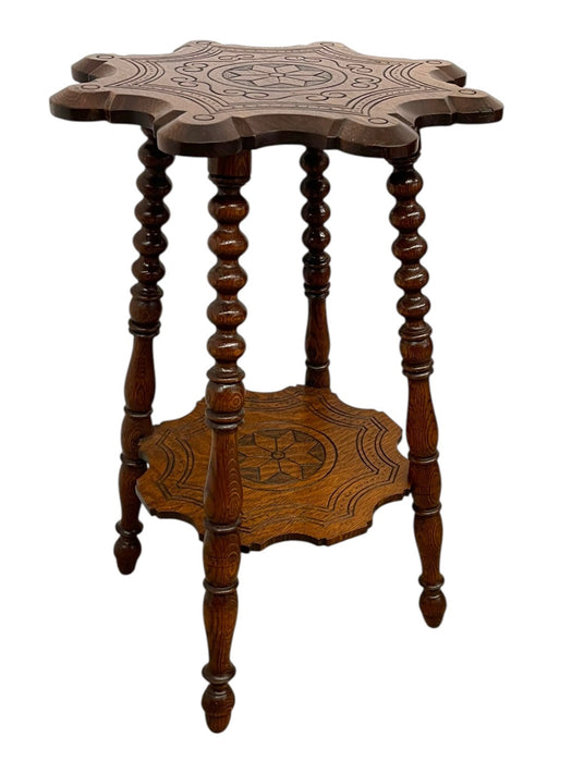 Vintage Carved Occasional Table with Barley Twist Legs and Inlaid Geometric Top & Shelf