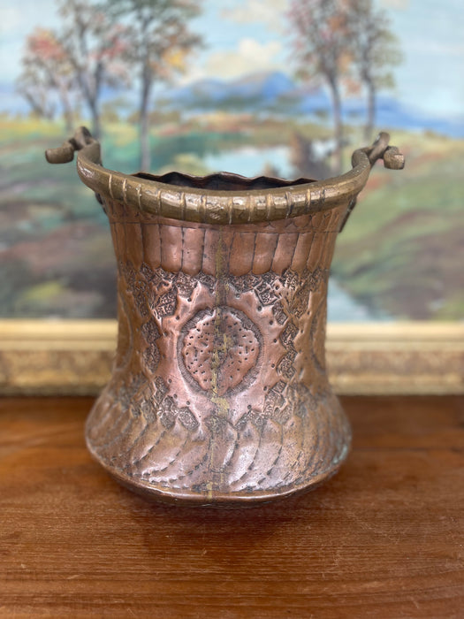 Possibly 19th Century Hand-Hammered Copper and Brass Toned Ash Bucket with Repoussé and Pierced Decoration.