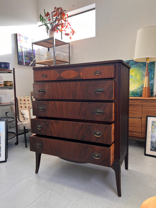 Antique American 5 Drawer Dresser or Chest with Flame Mahogany Wooden Drawer Fronts French Legs Inlaid Contrasting Veneers and Dovetailed Drawers