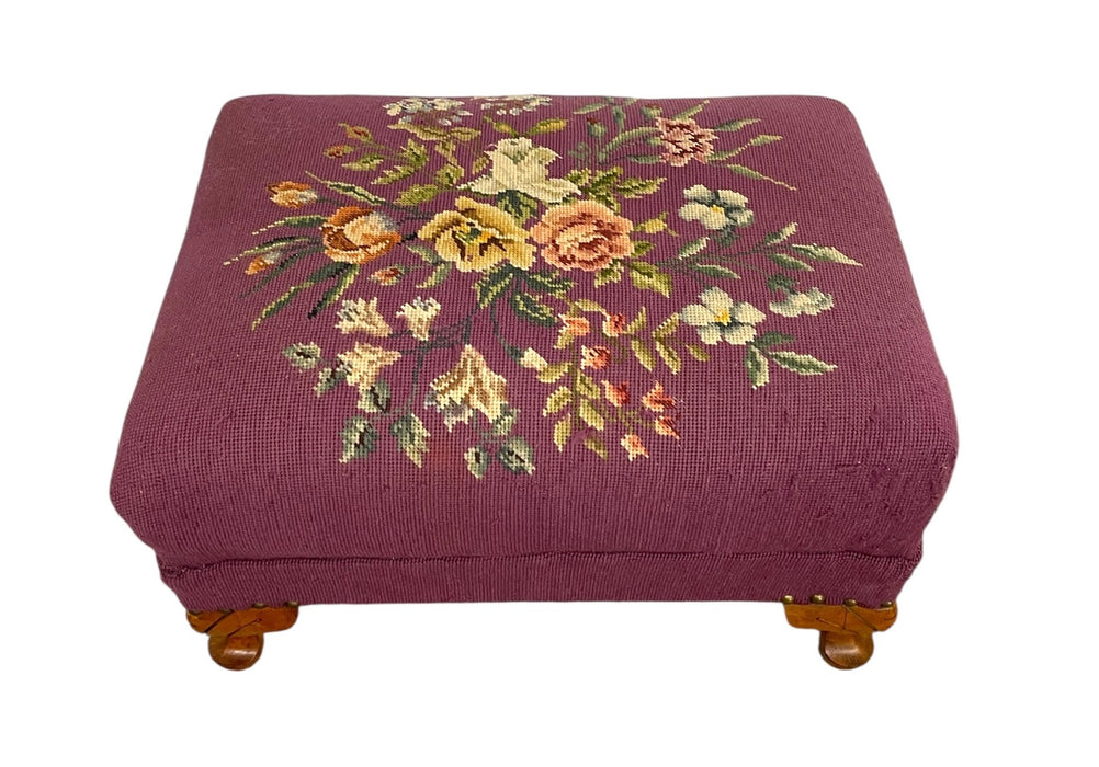 Vintage Upholstered Footstool Ottoman with Floral Needlepoint and Carved Wood Legs