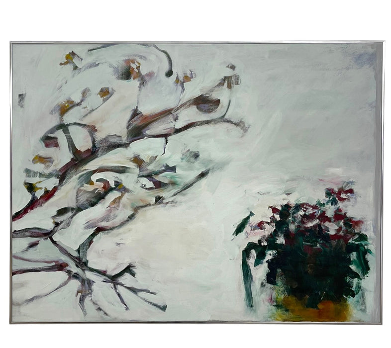 Large Contemporary Abstract Floral Painting on Canvas in Silver Frame, White Blossoms Still Life