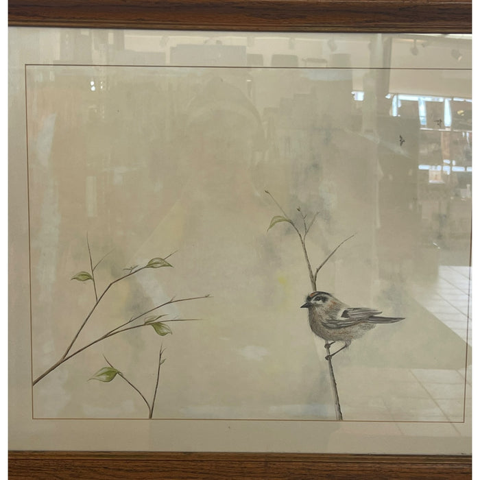 Vintage Framed Bird Illustration with Double Mat and Wood Frame Mixed Media