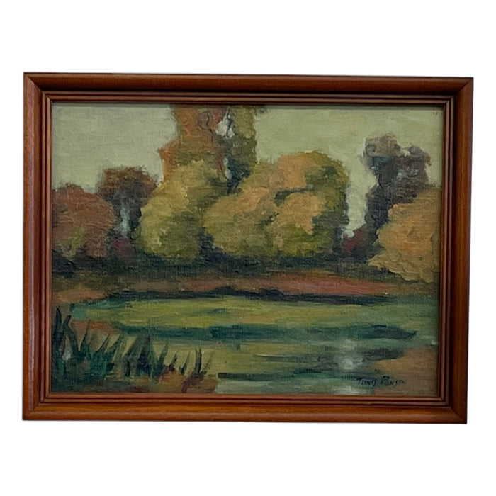 Signed Landscape Painting of Pond with Autumn Trees in Wood Frame