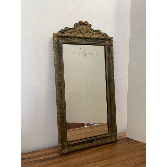 Antique Arched Sculpted Wood Frame Mirror With Floral Etching.