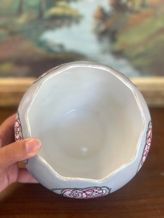 Antique Art Nouveau Hand-Painted Porcelain Bowl with Scalloped Rim and Stylized Pink Floral Decoration